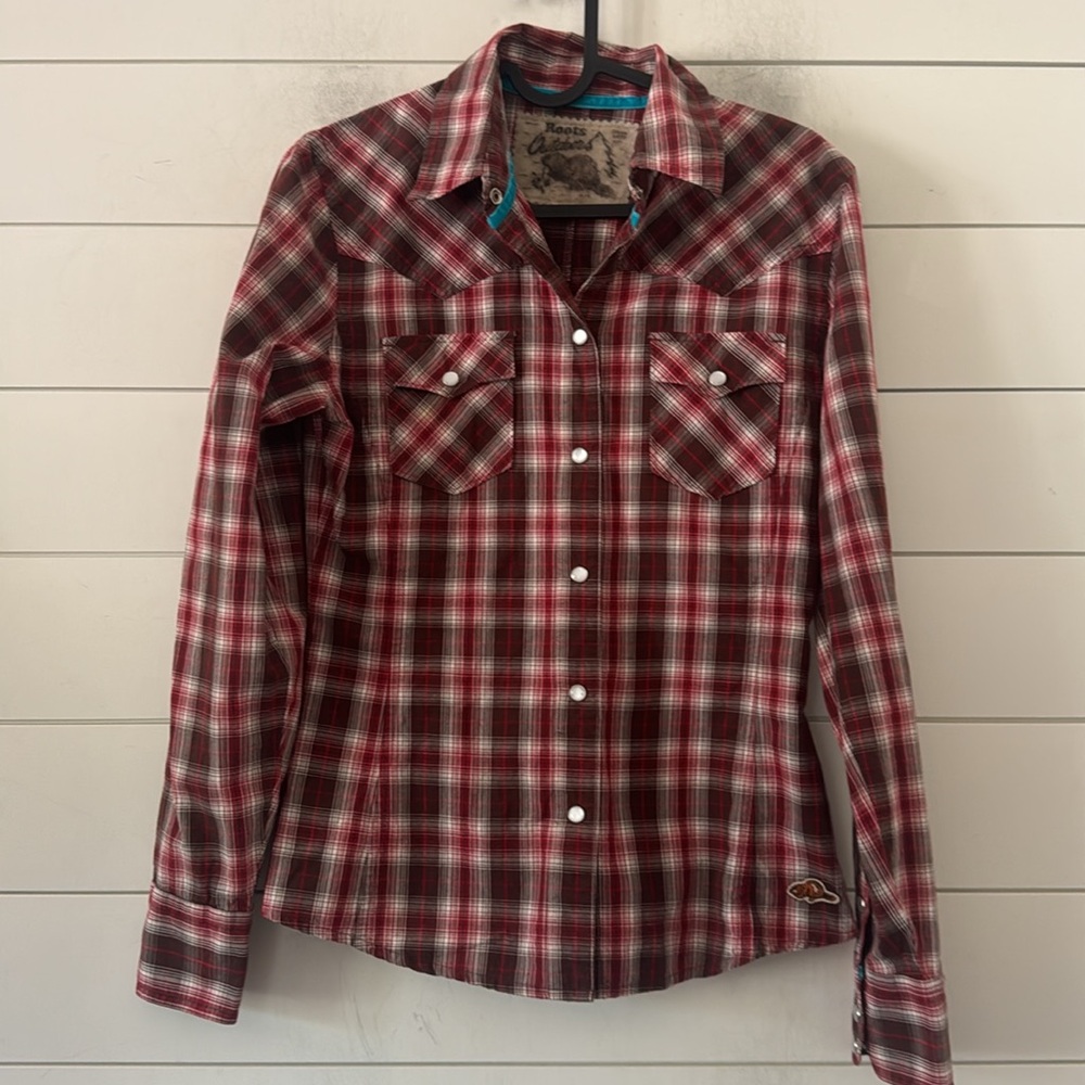 Roots Size Western Plaid Check Pearl Snap Shirt